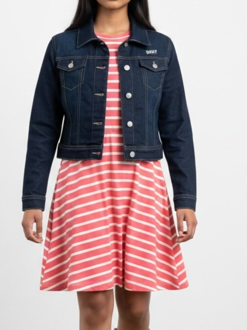NEW DKNY Dress & Jean Jacket Girl’s 6X pink striped 2 piece set NWT